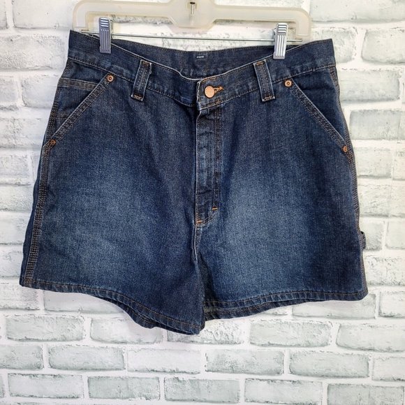 Vintage 90s Lee Riveted 14M Hi-Rise Dungaree Carpenter Dark Wash Denim Shorts - Picture 1 of 6